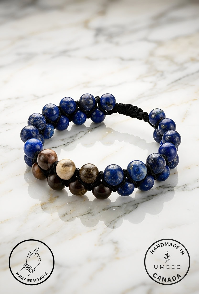 Elegant handmade beaded bracelet with blue, brown, and cream stones, crafted by Umeed Designs in Can.