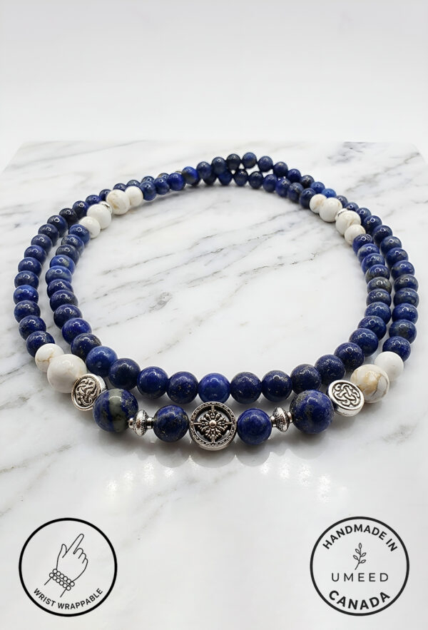 Elegant handmade blue and white beaded necklace from Umeed Designs, Canada.