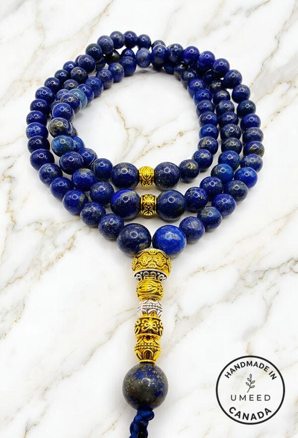 Elegant blue lapis lazuli beaded necklace with gold accents from Umeed Designs.