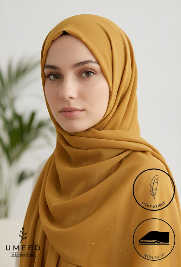 Beautiful woman wearing a mustard yellow hijab with light weight and non-slip features.