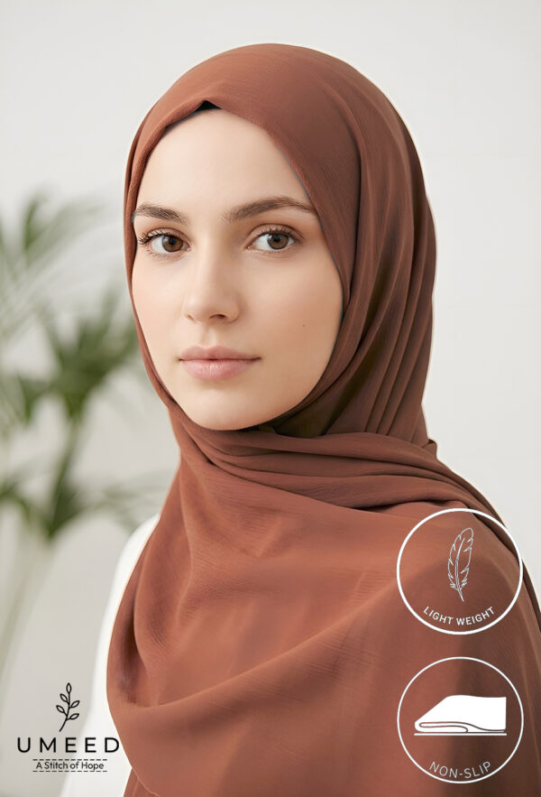 Elegant woman wearing a brown hijab with light makeup and natural background.