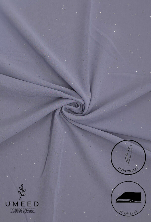 Light gray fabric with subtle glitter and feather logo indicating lightweight, non-slip material.