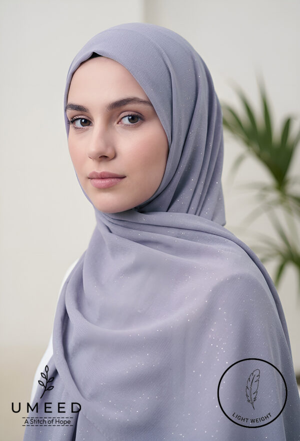 Elegant woman wearing a light gray hijab with subtle embellishments.