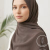 Elegant woman wearing a taupe hijab with a light background and green plant.