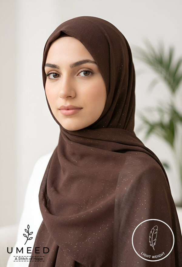 Beautiful woman wearing a brown hijab with subtle sparkles for elegant style.