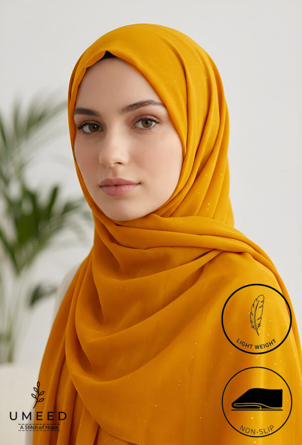 Stylish mustard yellow hijab with light weight and non-slip features.