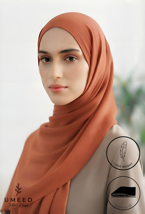 Elegant woman wearing a rust-colored hijab, looking confidently at the camera.