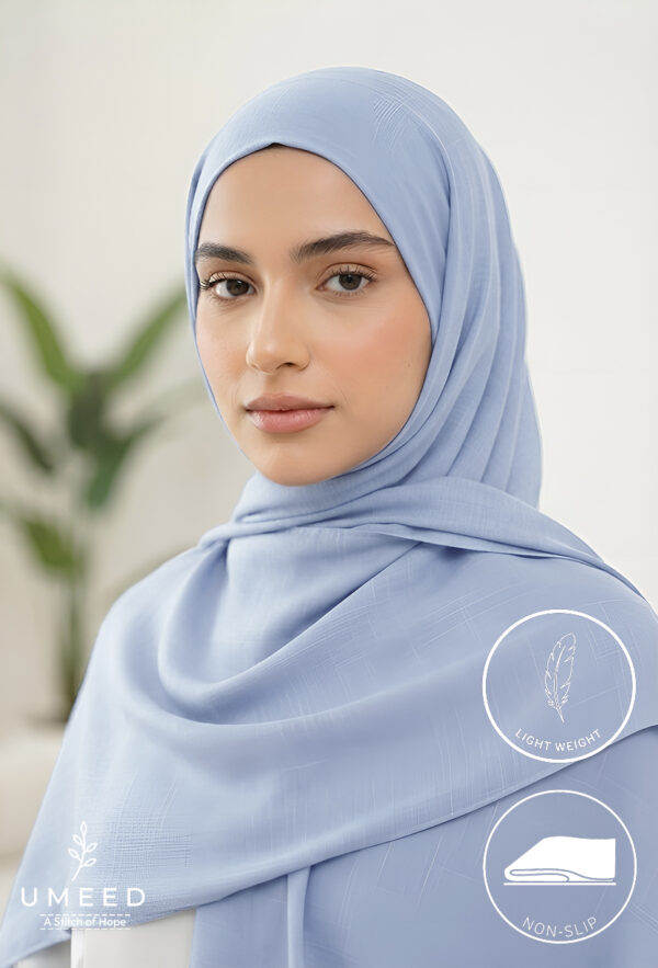 Elegant woman wearing a light blue hijab with a soft background.