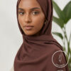 Elegant woman wearing a brown hijab with a light background and green plant.