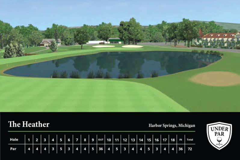 Beautiful view of The Heather hole at Under Par Golf, showcasing a serene water hazard and lush fair.
