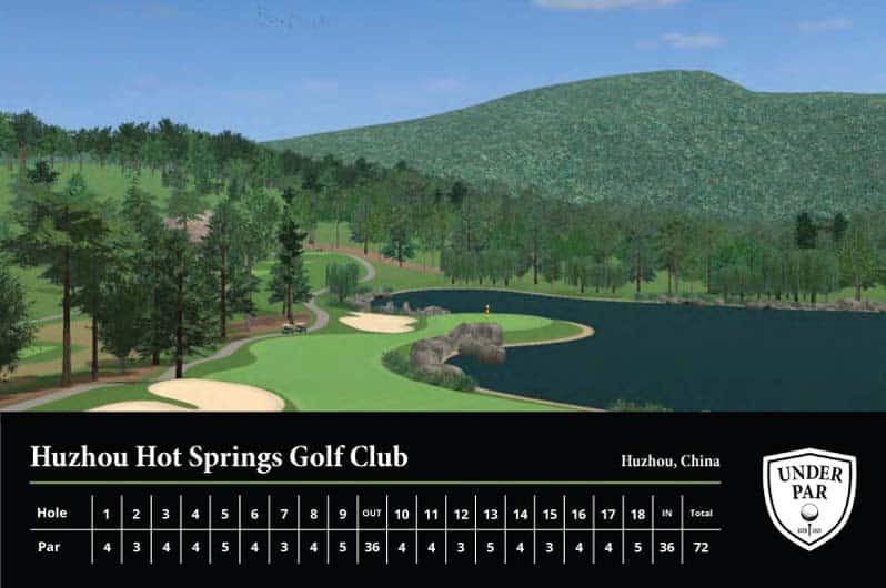 Scenic view of Huzhou Hot Springs Golf Course with lush greenery and water hazards.