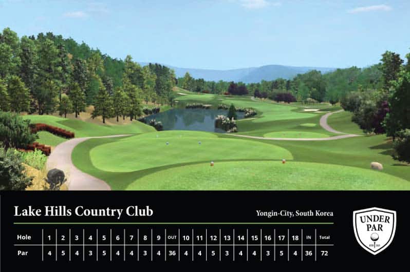 Beautiful golf course at Lake Hills Country Club with lush greenery and water features in South Kore.