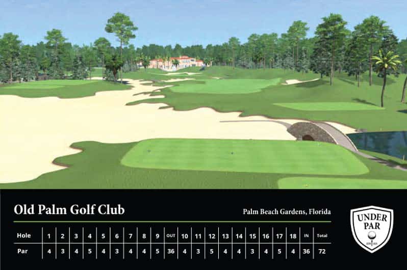 Golf course with lush greens, sand traps, and scenic water features at Old Palm Golf Club.