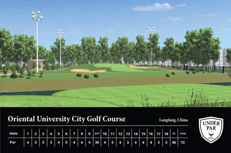 Golf course with lush green fairways, trees, and sand traps at Oriental University City Golf Course,.