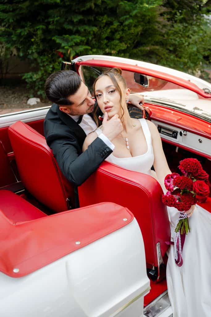 Luxury vintage car wedding couple romantic engagement special event upeventi.