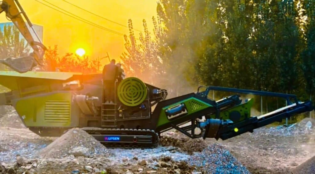 UPSEN USA-96JC-E ujc96e mobile dual jaw crusher and screener crushing and screening concrete on job site.