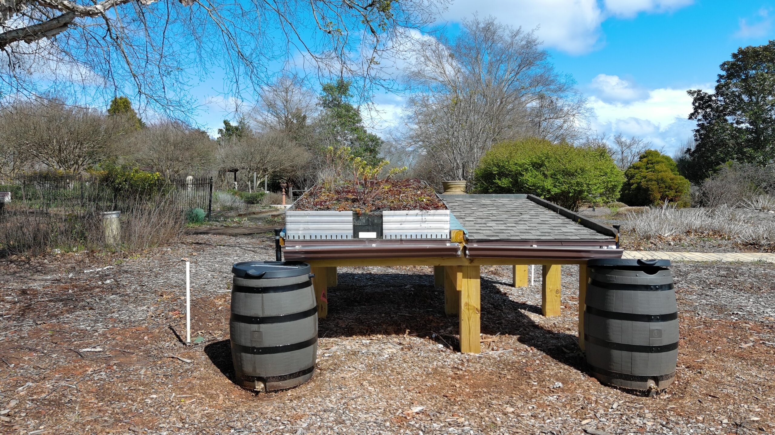 Two 40-gallon rain barrels collecting rooftop runoff at the UGA Green Stormwater Infrastructure demo site