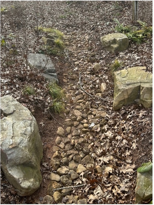 Rain garden inlet area with boulder groupings and flat river rock directing stormwater flow from the bioswale at the UGA GSI demo site