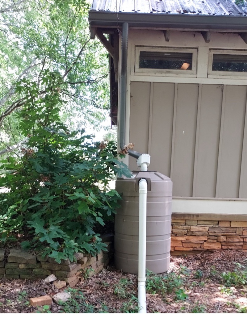 200-gallon rainwater cistern with gutter connection at the UGA GSI demo site