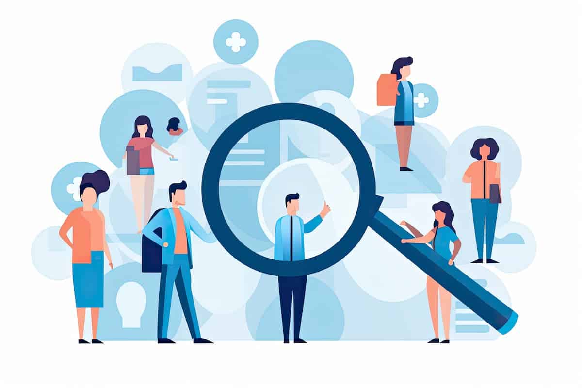 An illustration depicting a magnifying glass over different insurance agent careers