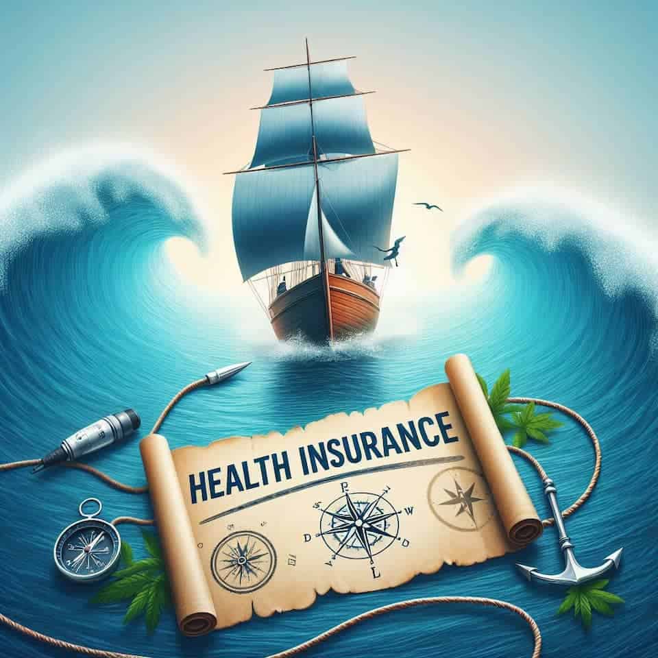 Sailboat in the ocean with a scroll of parchment paper labelled health insurance