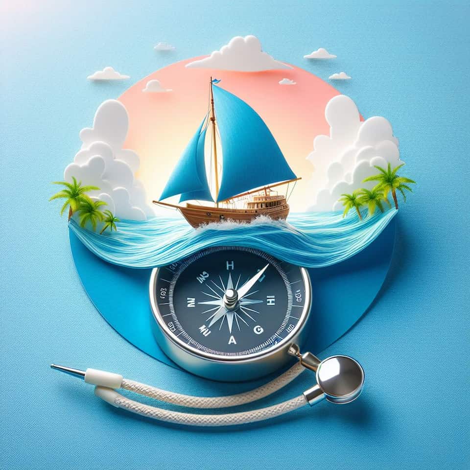 An illustration of a sailboat on the ocean with a compass below the water