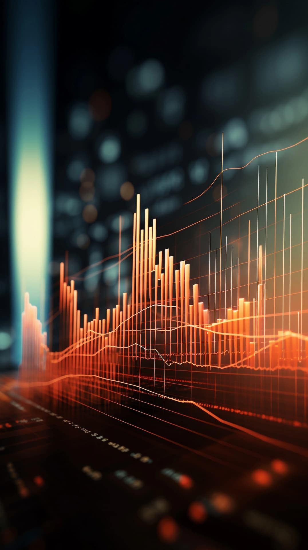A stylized bar and line graph