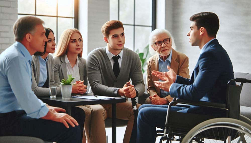 An insurance agent mentoring a group of young agents