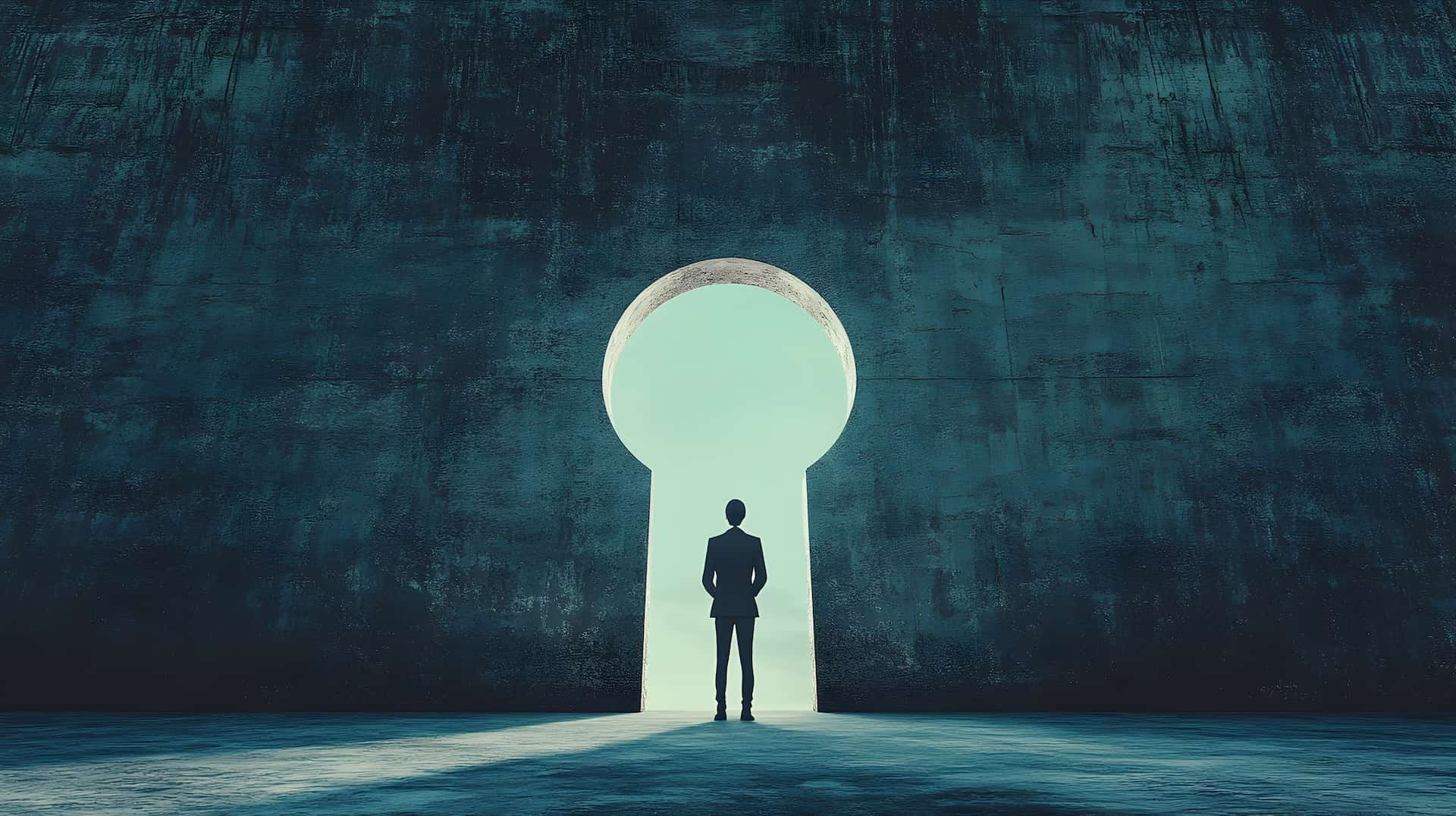 An insurance agent standing in front of a wall with a large keyhole shaped path cut out of it
