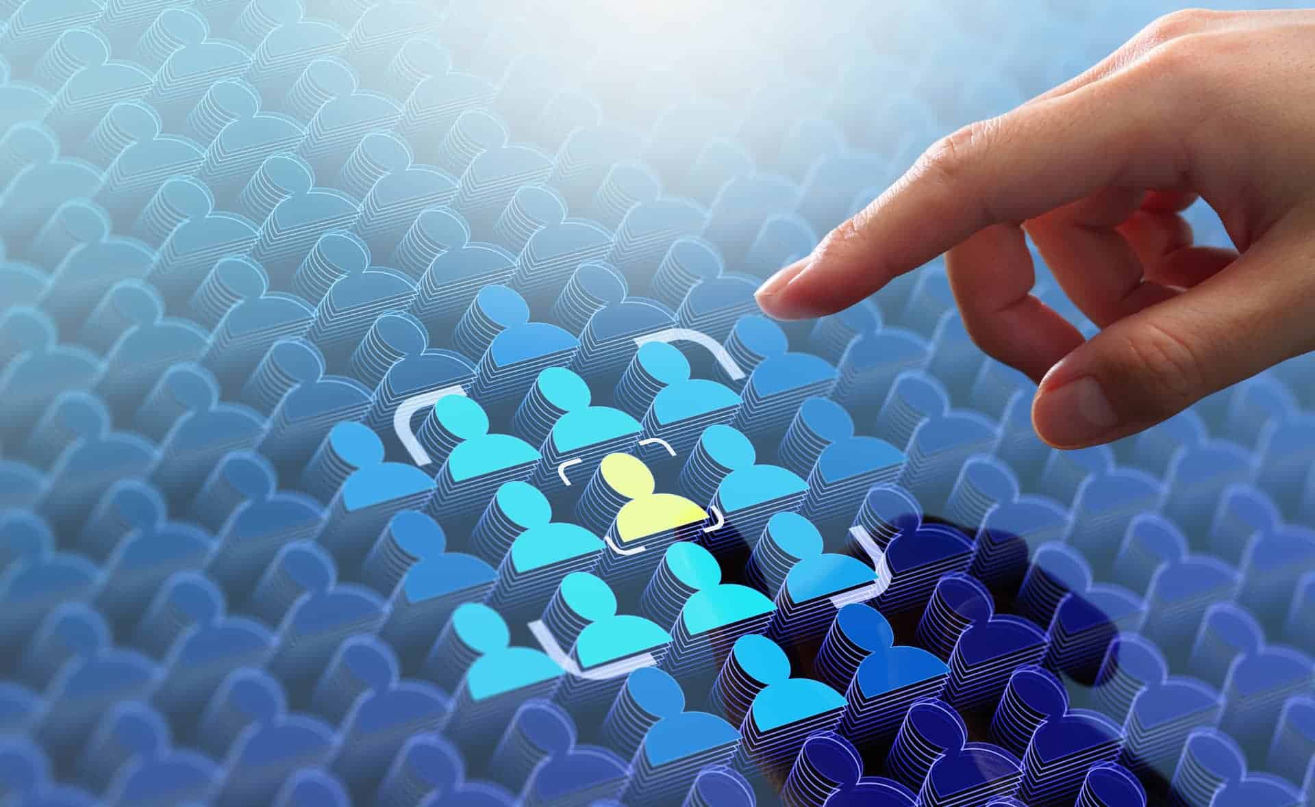 A hand pointing to a specific person icon among very many person icons