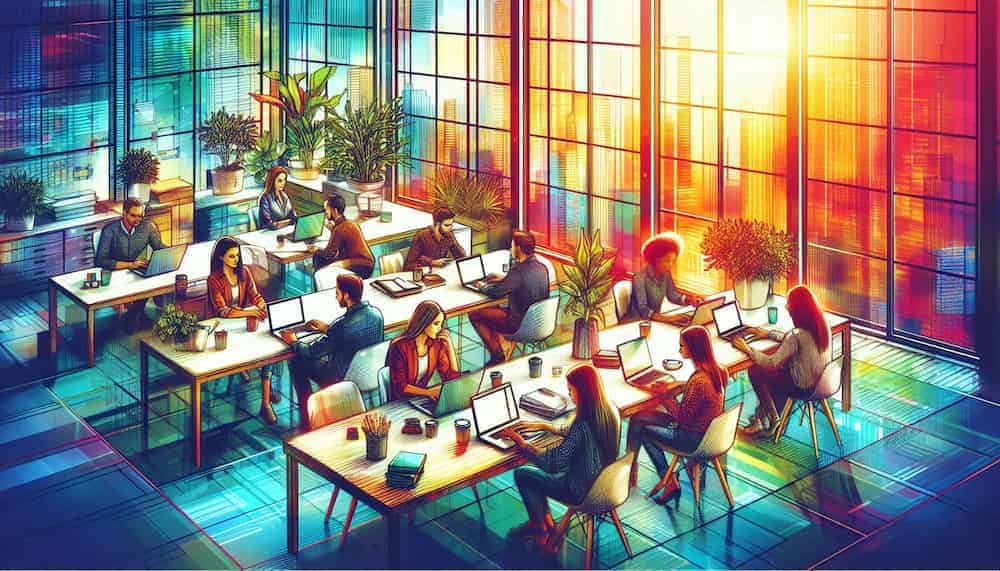 Developing an Online Presence An illustration of a room with 3 long tables and people sitting at them