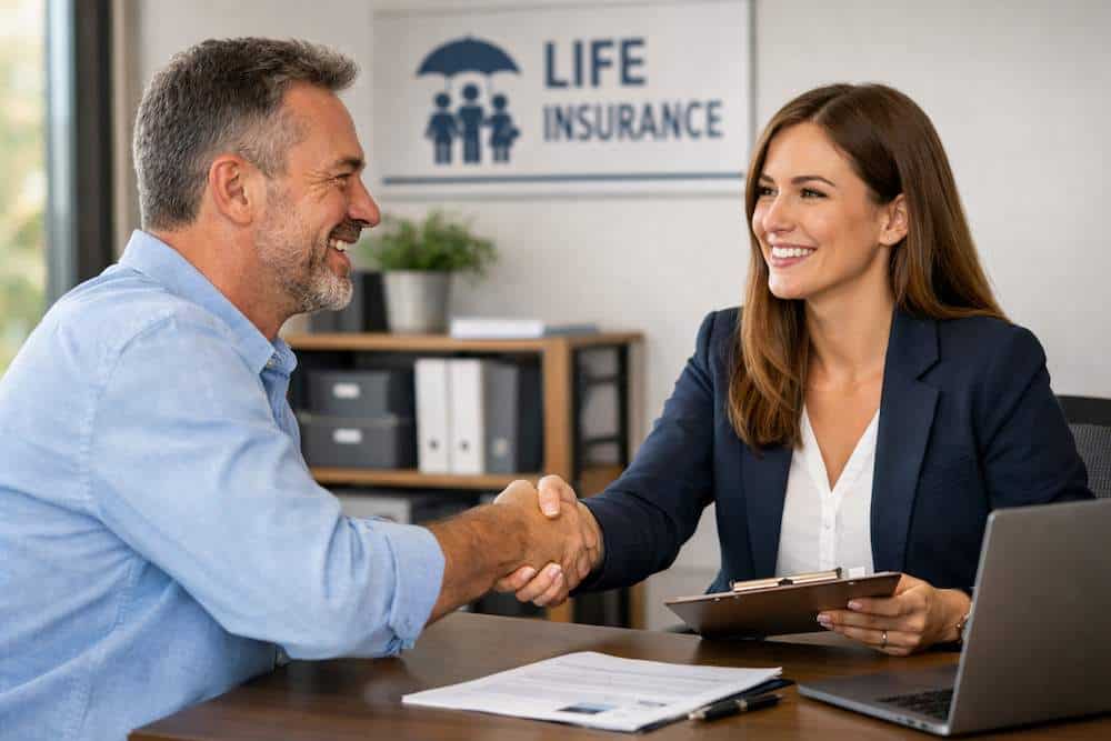 Happy Client A happy client shaking hands with a life insurance agent in her office.