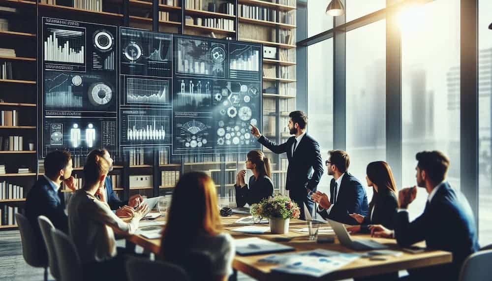 Marketing Metrics A boardroom with agents gathered around a table and one of them standing and presenting an idea
