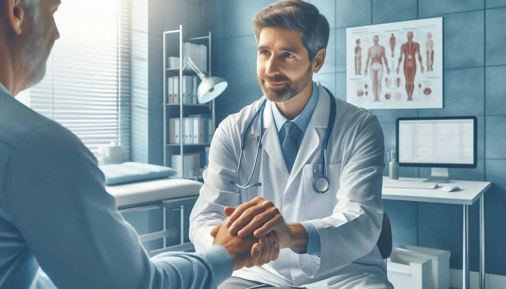 Critical Illness Insurance A doctor holding a patients hand in the doctors office