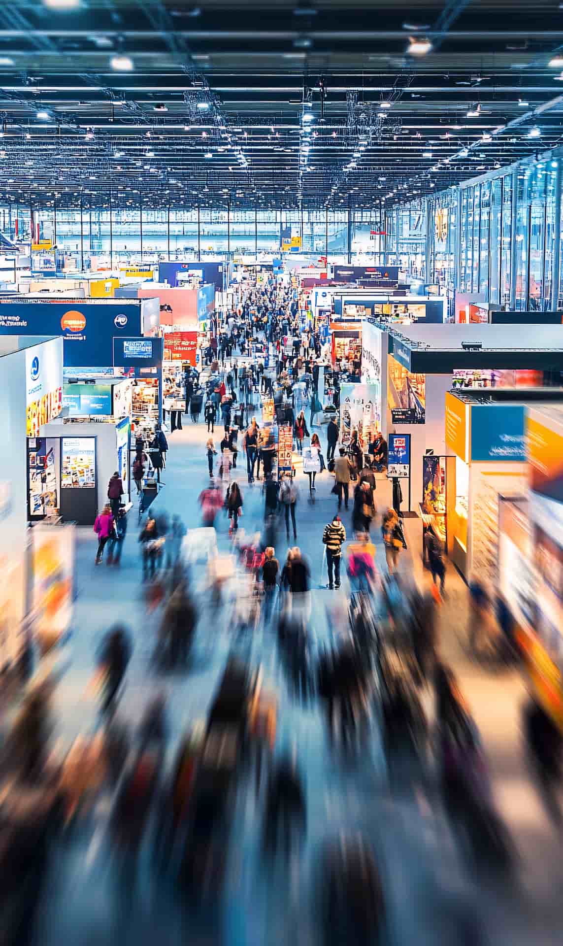 An blurred photo of a convention hall from overhead