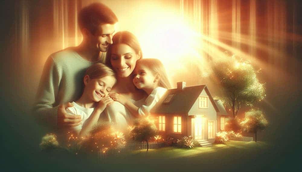 A young family in a group hug near their house during sunset