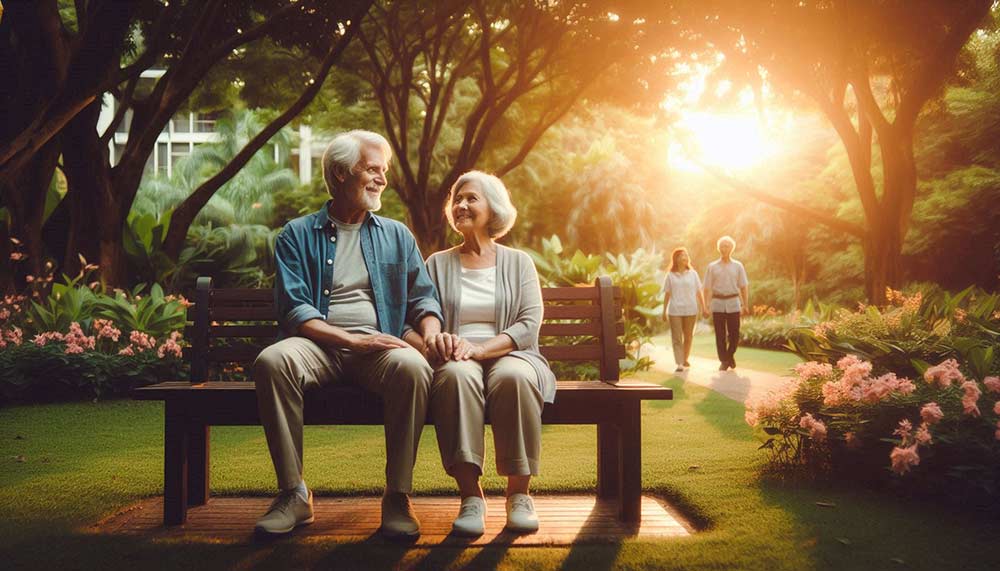 A senior couple sitting on a bench in a park during sunset