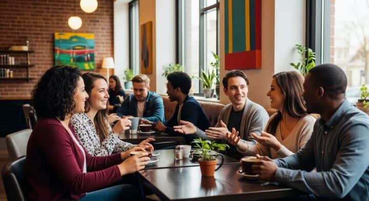 People chat with friends in a shop.