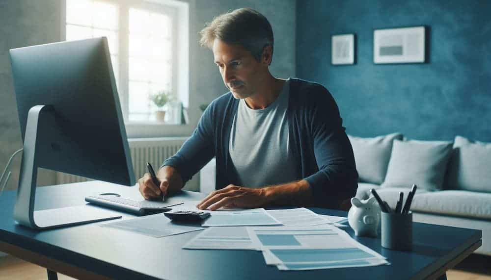 Permanent vs. Term Life Insurance Man working at a desk with documents, computer, and calculator, focused on writing notes in a modern home office.