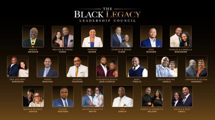 The Black Legacy Leadership Council member portraits, featuring 19 individuals and couples in professional attire arranged in three rows on a gold and black gradient background.