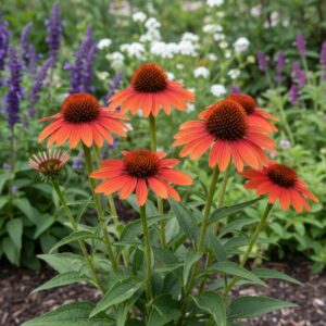 Echinacea w ogrodzie, pomarańczowe kwiaty, naturalna dekoracja, letni ogród, rośliny ozdobne.
