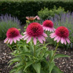 Echinacea purpurea, kwiaty lecznicze i ozdobne, w ogrodzie z zielonym tłem.
