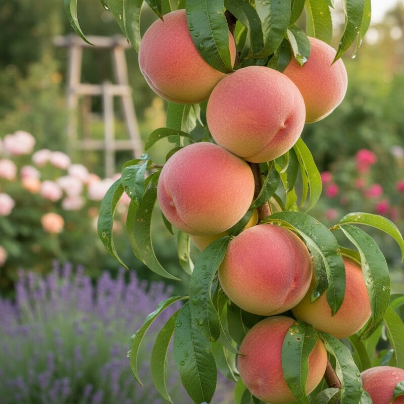 Peach tree z dojrzałymi owocami w ogrodzie.