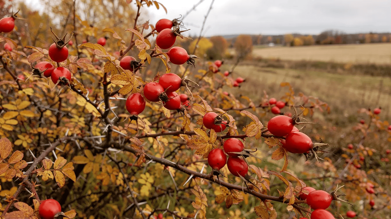 Na obrazie widoczny jest krzew dzikiej róży (rosa canina) z dojrzałymi, soczystymi czerwonymi owocami, otoczony jesiennym krajobrazem pełnym kolorowych liści. Owoce róży, bogate w witaminę C i właściwości zdrowotne, mogą być zbierane i wykorzystywane do przygotowania naturalnych syropów oraz przetworów.
