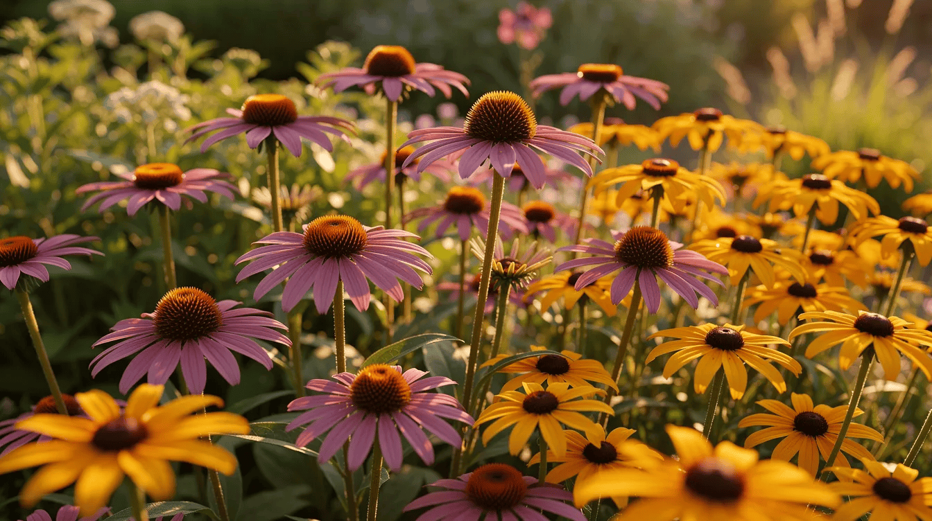 Piękne kwiaty Echinacea i Rudbeckia w słoneczny dzień.