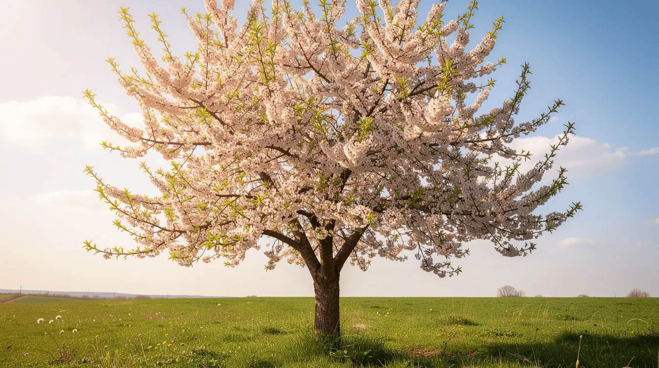 Piękne kwitnące drzewo sakura na zielonej łące w słoneczny dzień.