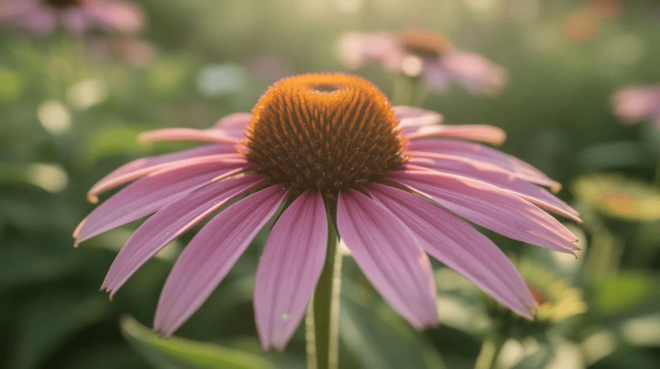 Różowy kwiat Echinacea z pomarańczowym środkiem w ogrodzie.