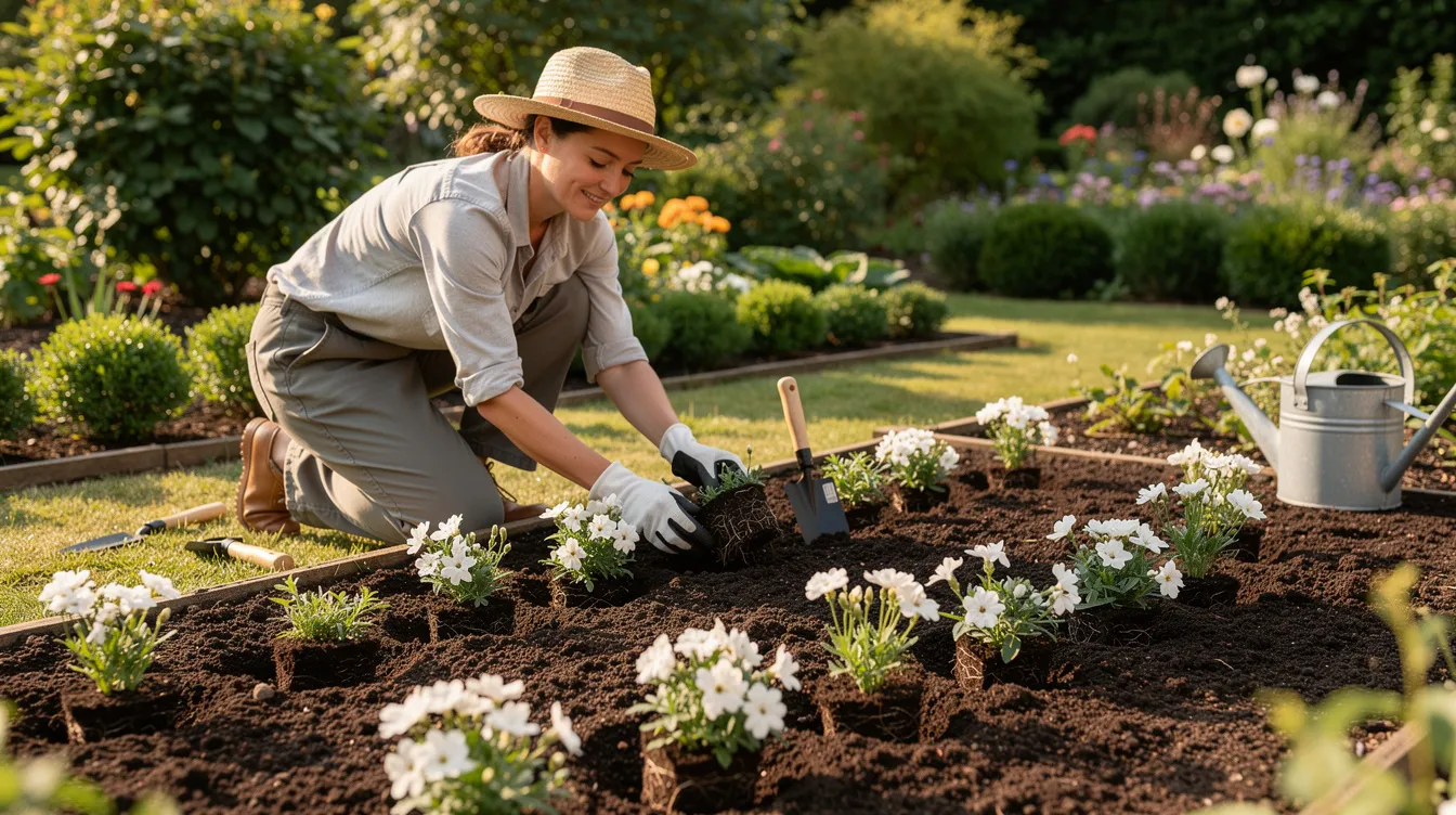 Na obrazku widzimy ogrodniczkę sadzącą białe byliny w przygotowanej rabatce z kompostem. Wczesną wiosną, w tle widać kolorowe kwiaty oraz liście drzew, a cała scena emanuje spokojem i harmonią ogrodu.