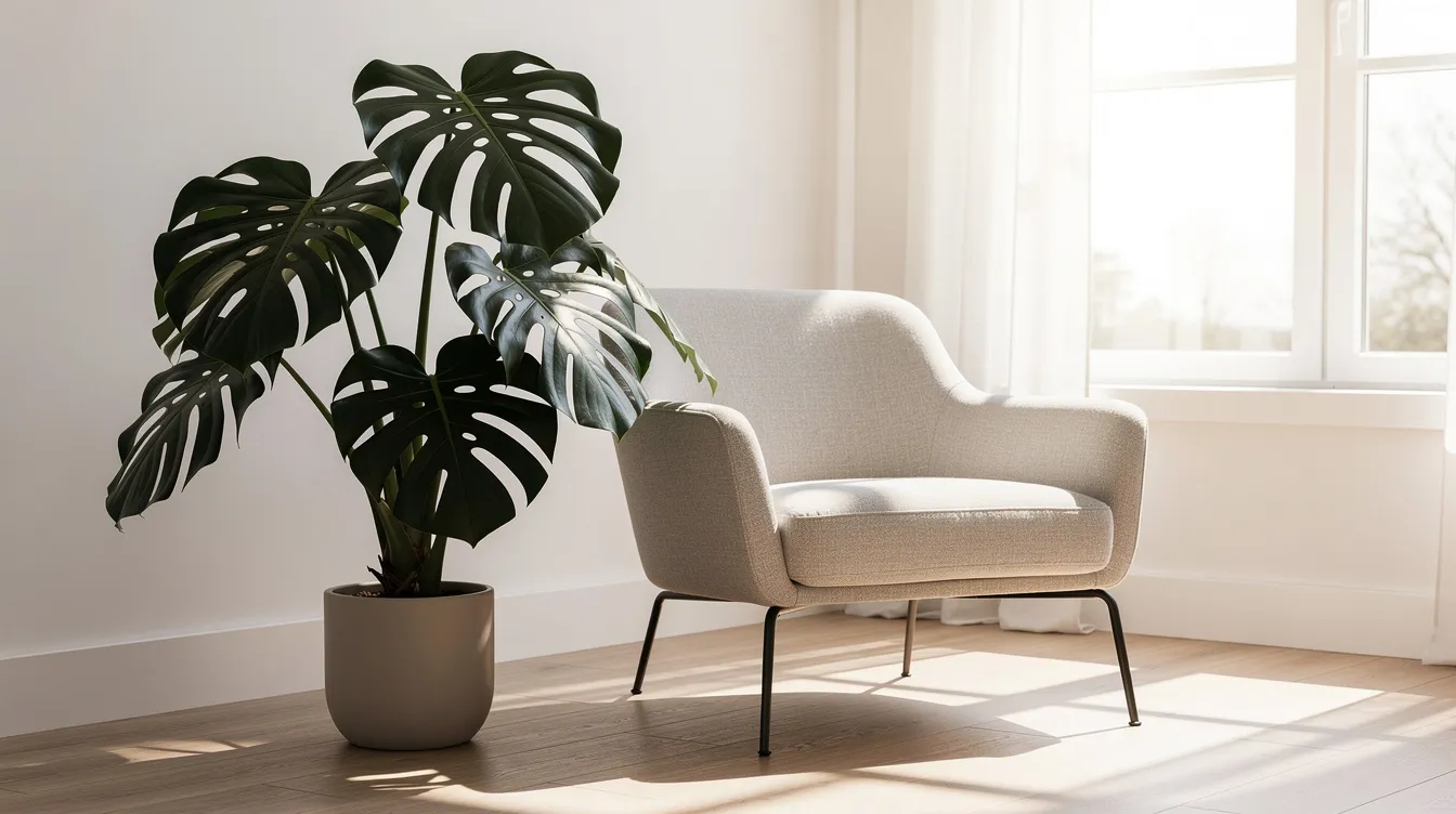 Na zdjęciu znajduje się dorosła monstera deliciosa z dużymi, fenestrowanymi liśćmi, umieszczona w jasnym, nowoczesnym salonie obok wygodnego fotela i dużego okna, co podkreśla jej dekoracyjny charakter. Roślina ta, znana również jako monstera dziurawa, doskonale komponuje się z wnętrzem, wprowadzając do niego element natury i świeżości.