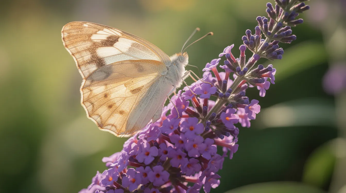 Motyl siedzi na fioletowym kwiatostanie budlei w nasłonecznionym ogrodzie, otoczony przez krzewy ozdobne, które kwitną całe lato. Ta scena przyciąga motyle i sprzyja bioróżnorodności, tworząc piękny widok w ogrodzie.